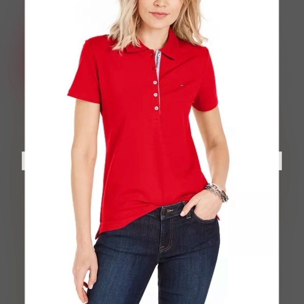 Tommy Hilfiger Women's Short-Sleeve Polo Top in Scarlet Size S - Picture 5 of 5